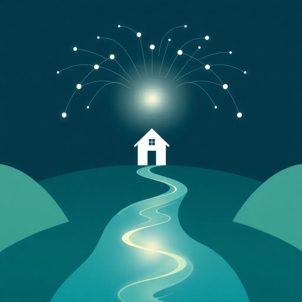  A serene, stylized graphic that depicts a clear, illuminated pathway or gentle river leading directly to a stylized, comforting home silhouette. Above or alongside this path, there are subtle, abstract representations of interconnected nodes or a wide, open fan of lines/arrows, symbolizing the vast network of lenders. A soft, guiding light or gentle, protective arc could subtly overlay the scene, emphasizing guidance and security.