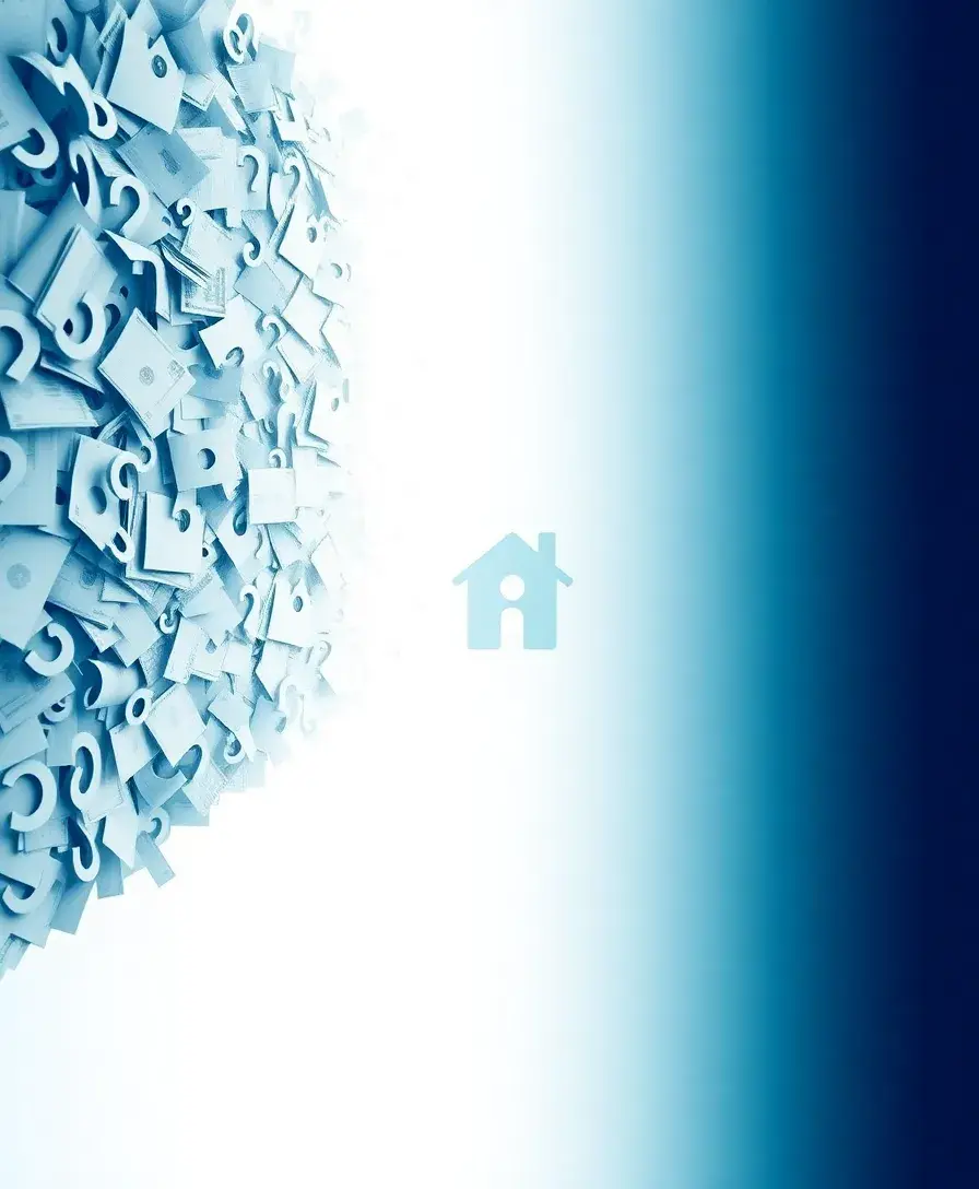 Generate a large, expansive graphic that fills the entire display area. On the left side of the canvas, depict a visual representation of complexity and confusion in the context of personal finance/mortgages. This could be a dense, overlapping jumble of financial documents, abstract, swirling lines, and blurred question marks. As the image transitions dramatically towards the right, this chaos smoothly and clearly resolves into a pristine, illuminated, open pathway or a calming, organized grid. This clear path should lead towards a simple, stylized house icon or a clear, bold checkmark. The color palette should predominantly feature soft, professional blues, greens, and whites on the 'clarity' side, contrasting subtly with desaturated or muted tones on the 'confusion' side. The overall effect should be one of immediate relief, simplification, and a clear, inviting direction. Emphasize the transformation from overwhelm to absolute transparency and ease across the full width of the image.