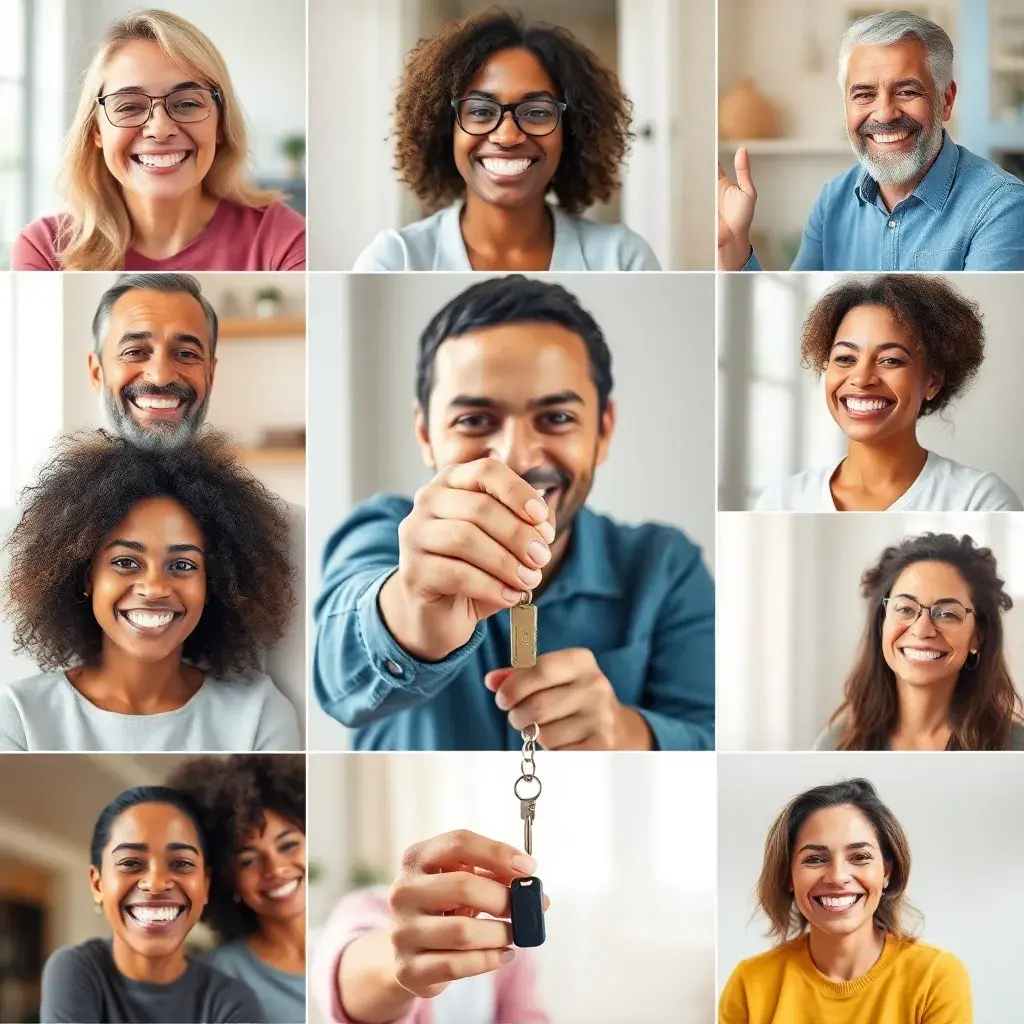 A composite or collage-style image featuring several diverse, smiling faces of happy homeowners (stock photos, but aiming for authenticity) in their new homes or holding keys. The overall feeling should be one of relief, joy, and satisfaction.