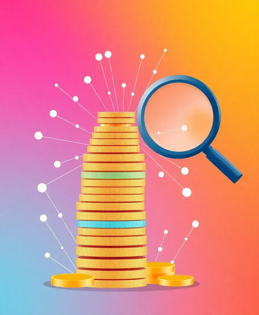 A vibrant, abstract depiction of a stack of coins or currency notes growing taller, with a magnifying glass hovering over it, showing optimized growth. Incorporate subtle connections radiating outwards, symbolizing access to many options. Clean, modern style.