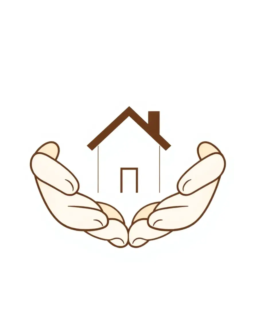 A stylized, abstract image of two hands (one larger, one smaller) gently guiding or supporting a simplified house icon. The overall tone should be warm and secure, conveying protection and partnership. Use a clean, professional aesthetic.