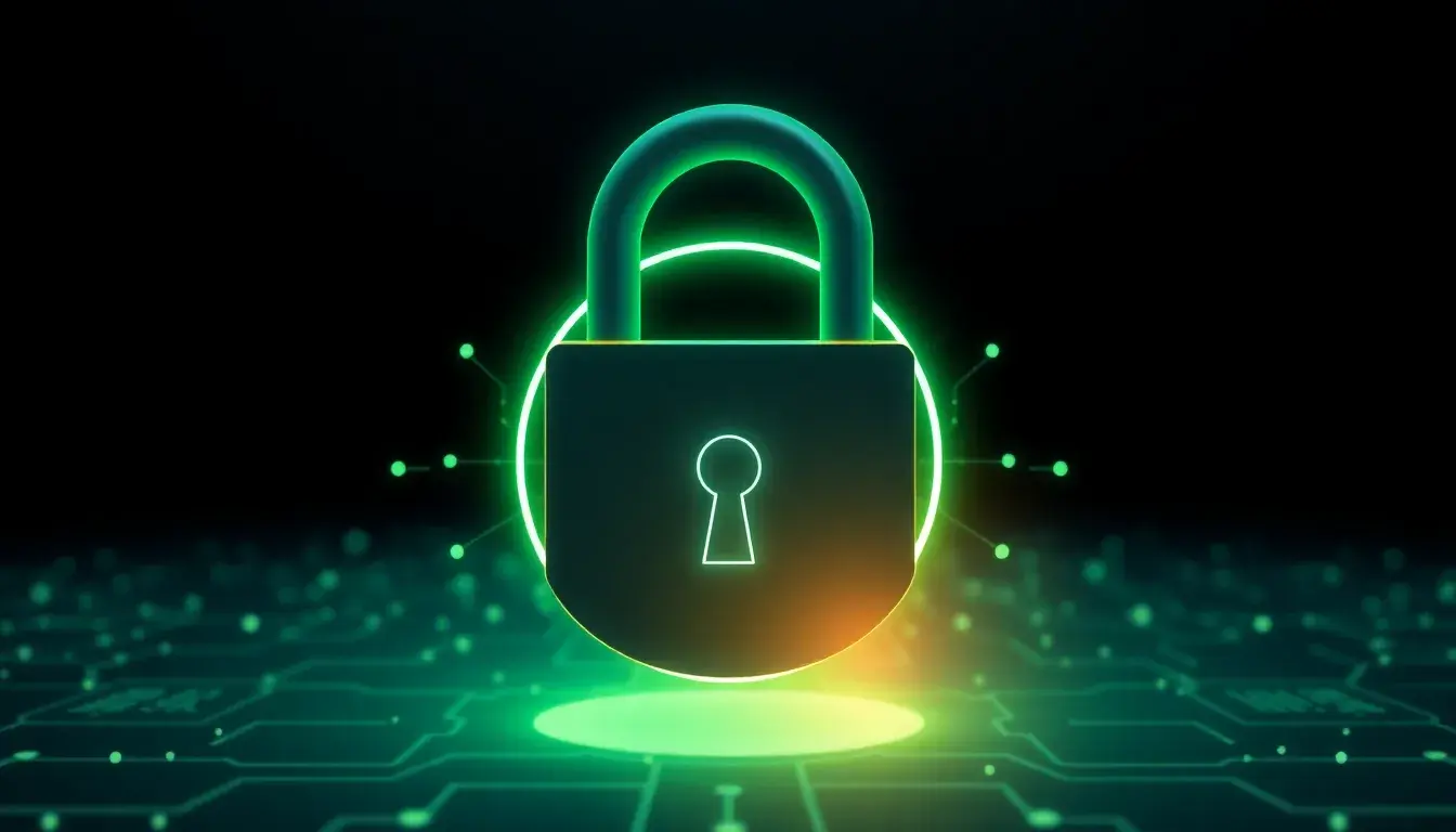 A professional, minimalist 16x9 graphic. Dominating the center is a large, stylized padlock icon, glowing softly with a secure, green light. Behind it, a subtle, abstract network of dots and lines represents data, all clearly contained within the lock's protective aura. The overall color scheme is deep blues and greens, conveying stability and trust. The visual should feel modern, secure, and absolutely impenetrable, without being overly technical.