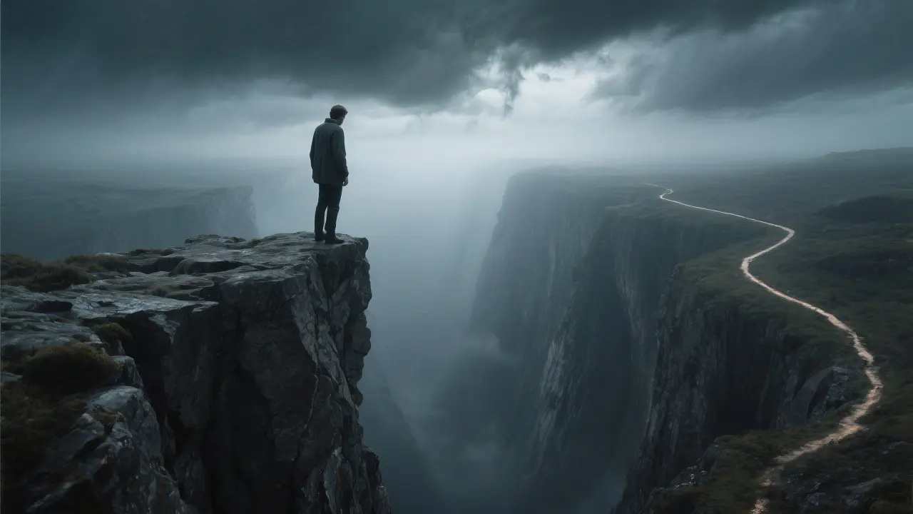 A person stands at the edge of a jagged, rocky cliff, looking down into a deep, misty chasm. There are two faint paths behind them, and the person looks paralyzed by indecision. The scene should convey a sense of high stakes and fear, as if one wrong step would be a terrible mistake. The lighting is dramatic, with a stormy sky overhead. A professional, high-resolution photo.