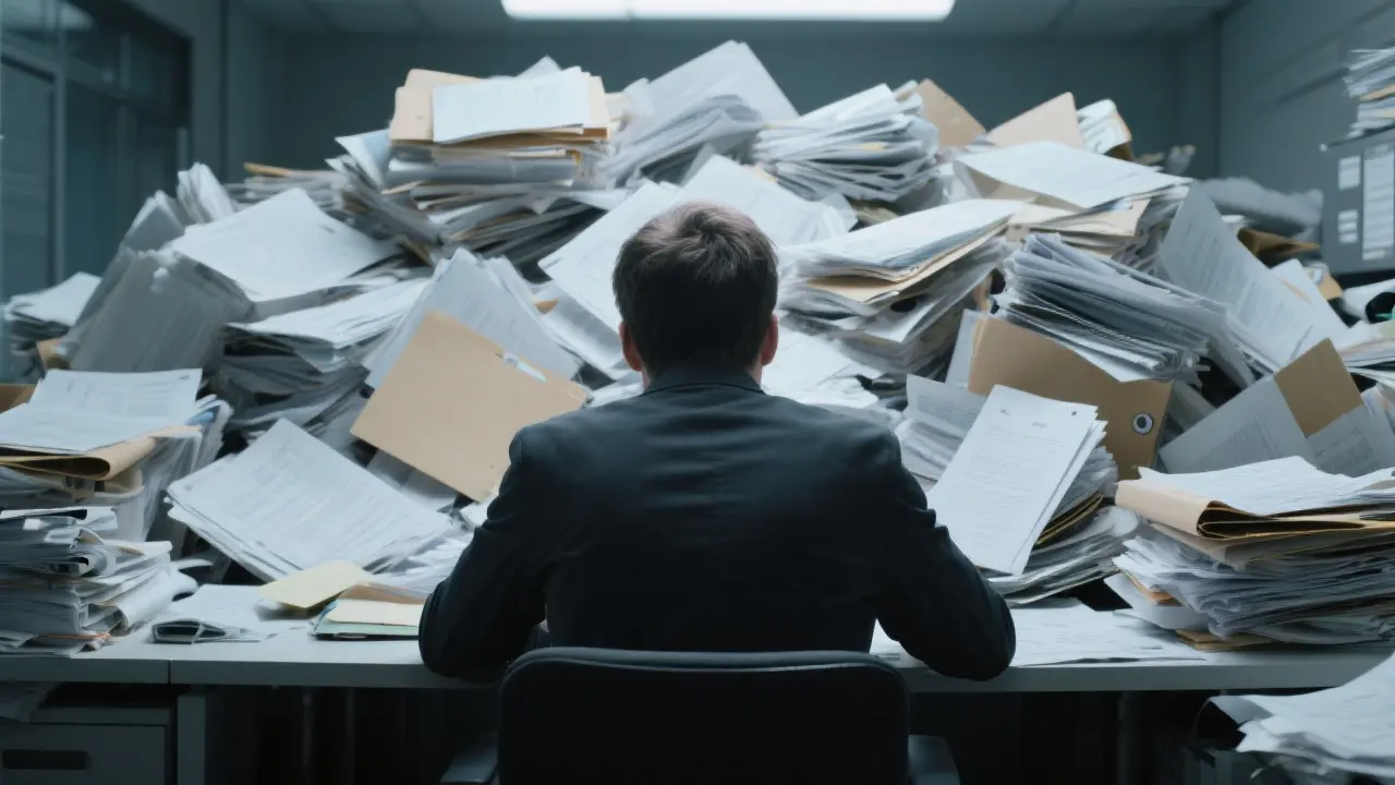 A person is sitting at a desk that is completely buried under a massive, intimidating pile of files and documents. Only the top of the person's head is visible, and their face is obscured, conveying a sense of being completely overwhelmed and trapped by the daunting task. The lighting is harsh and office-like, creating a feeling of exhaustion and stress. A professional, high-resolution photo