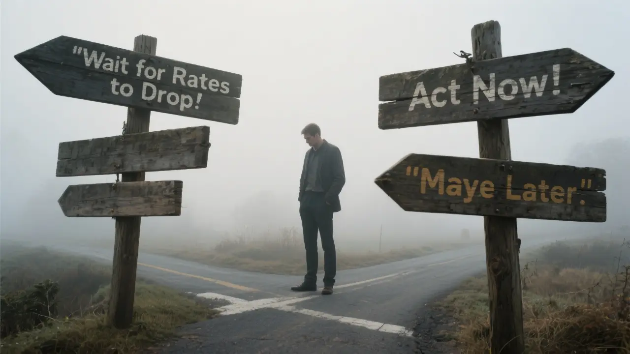 A person stands at a foggy crossroads, looking lost and uncertain. There are multiple, rustic wooden signs, each pointing in a different direction. The signs are confusing and contradictory: one reads 'Wait for Rates to Drop,' another says 'Act Now,' and a third says 'Maybe Later.' The image should convey confusion and indecision. The lighting is soft and diffused by the fog. A professional, high-resolution photo.