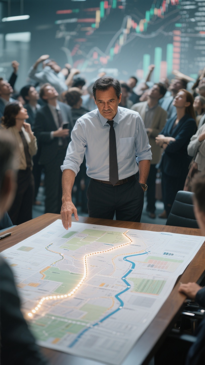 A determined person, a man in his 40s, stands apart from a confused crowd of people who are looking in all different directions. He is looking confidently at a well-lit, detailed financial roadmap spread out on a table in front of him, with a clear path marked out. The background shows a blurry, chaotic financial market. The image should convey a sense of foresight, strategic planning, and empowerment. Professional photo style, with a contrast between the sharp focus on the man and the roadmap, and the blurred chaos of the background.