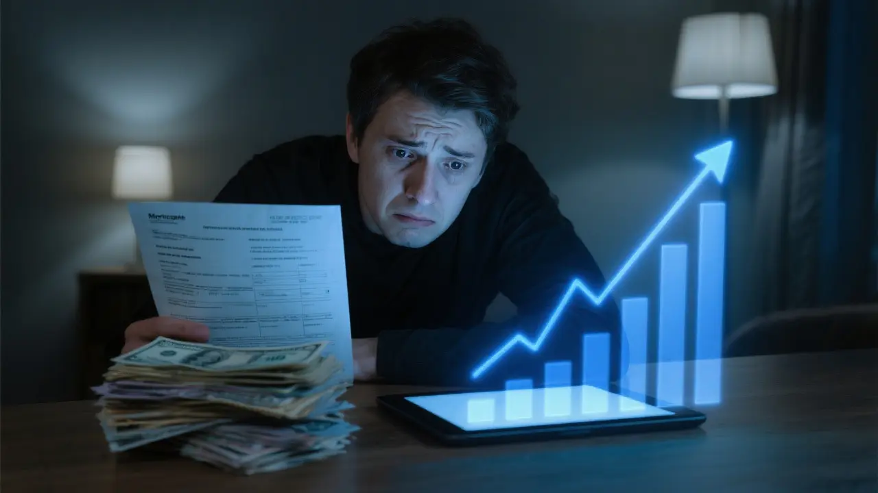 A person with a worried expression, eyes wide and eyebrows furrowed, staring intently at a stack of bills on a table. A prominent mortgage statement is visible at the top. To the right of the bills, a holographic bar graph with a sharp upward trend glows blue, projecting from a tablet screen. The person is sitting in a dimly lit room, with a single lamp casting a harsh light, creating a stressful and somber mood with cool, dark tones.