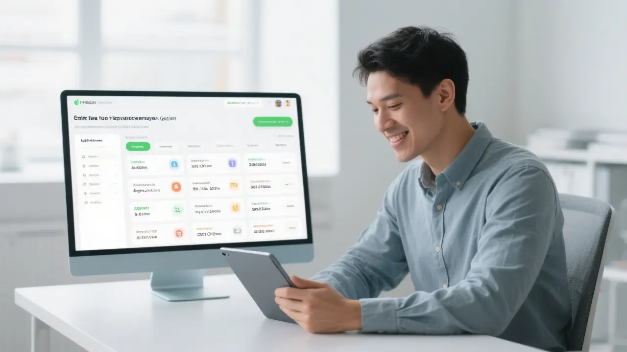 A confident individual, dressed in business casual attire, sitting at a clean, modern desk in a bright office. They are looking at a tablet or computer screen with a clear, user-friendly interface that shows a variety of loan options. Their expression is one of focus and reassurance, with a slight, knowing smile, symbolizing their readiness to take action with an expert guide.