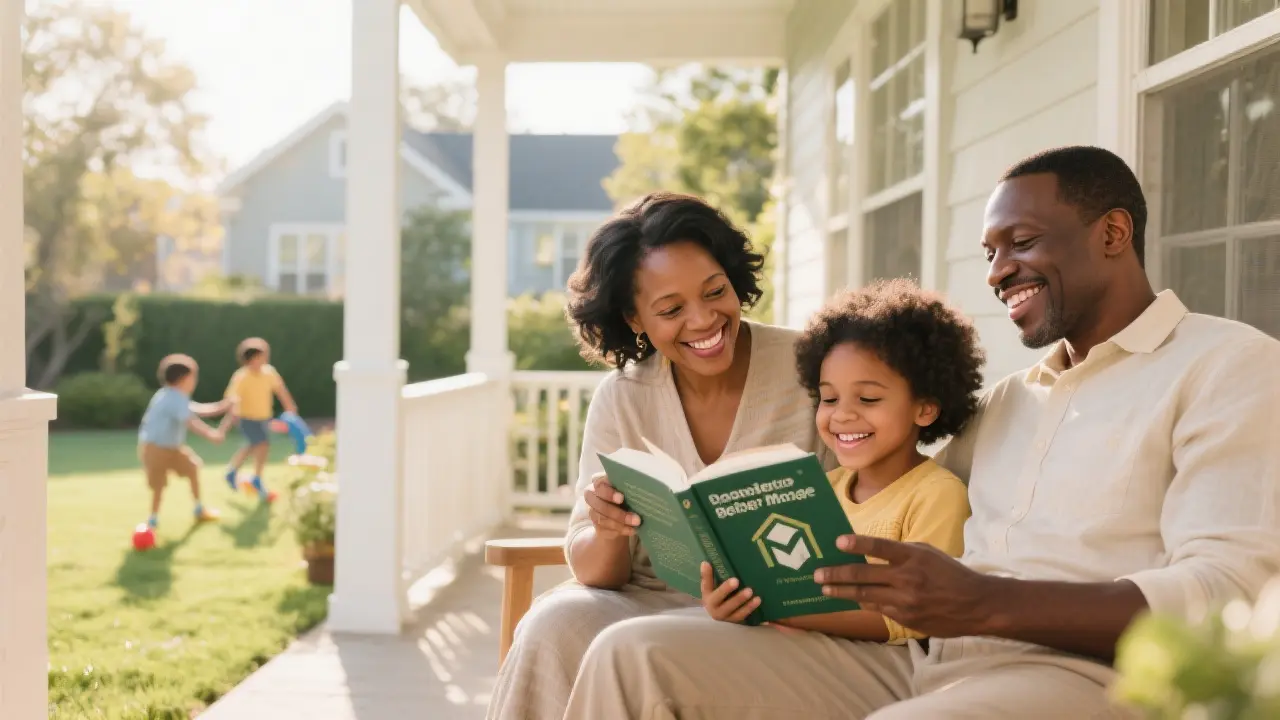 A family enjoying a peaceful, happy moment in a bright, sunlit home. The scene should evoke a sense of warmth and security, with soft, natural lighting. The family could be reading a book together on a porch, or playing in a well-kept yard. The parents' expressions are relaxed, with genuine smiles, symbolizing the peace of mind and financial freedom that a better mortgage provides.