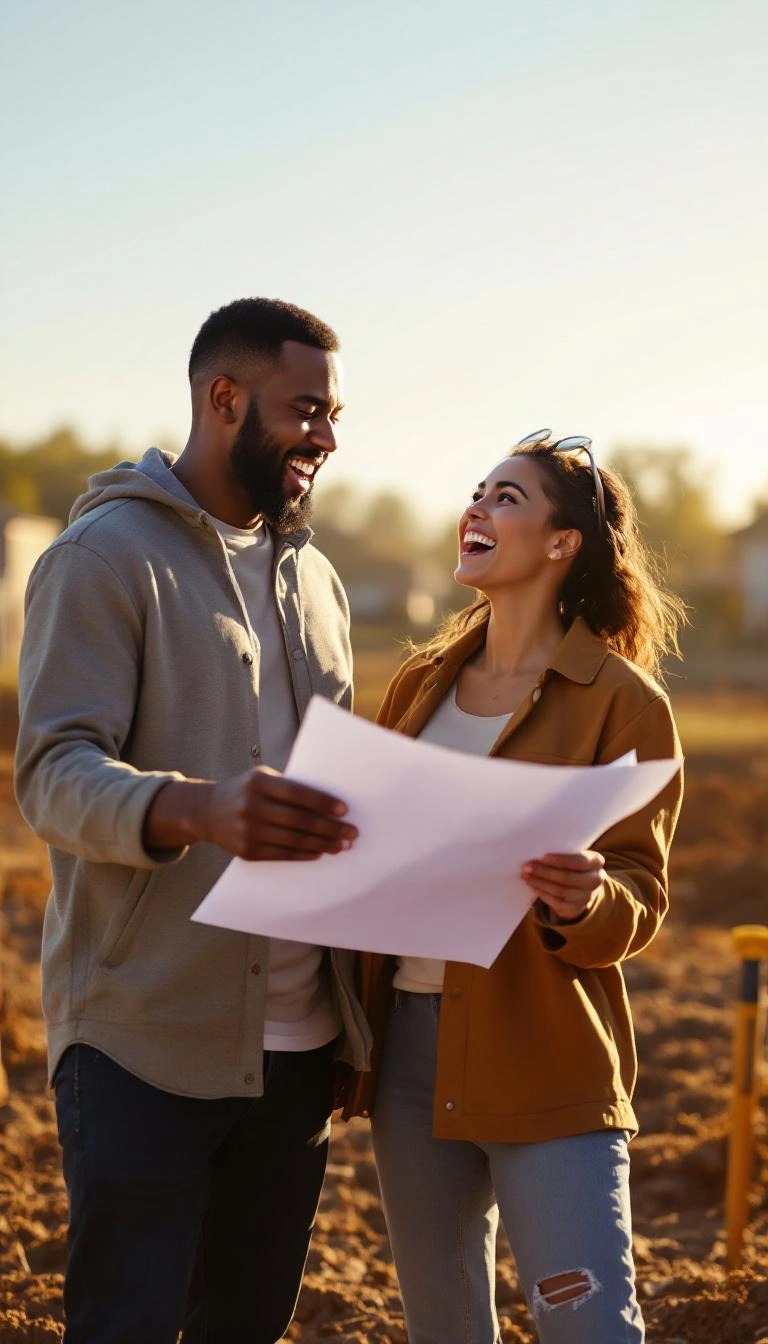 Couple reviewing blueprints at empty lot