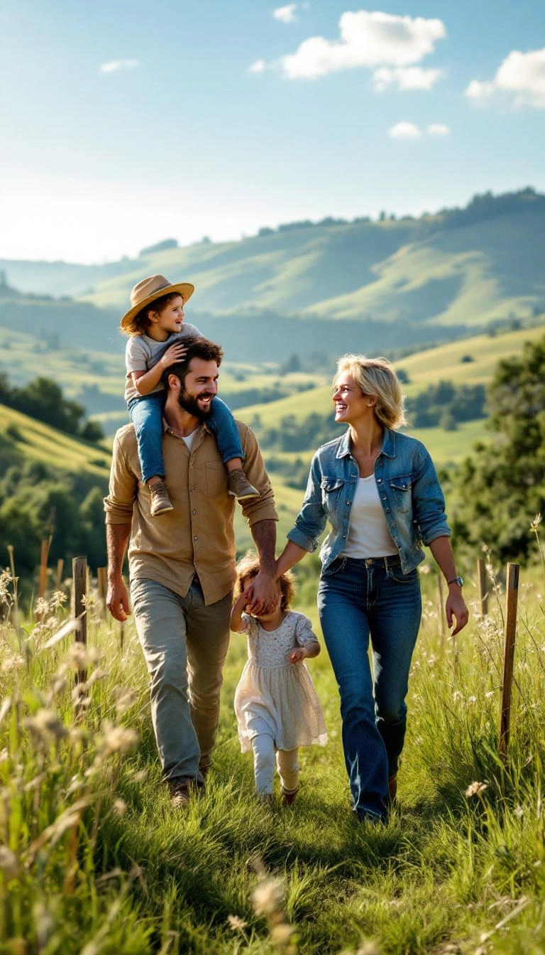 Family walking property with surveyor stakes