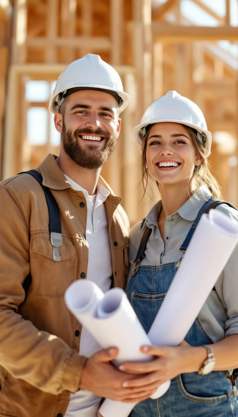 Young couple at construction site with hard hats smiling