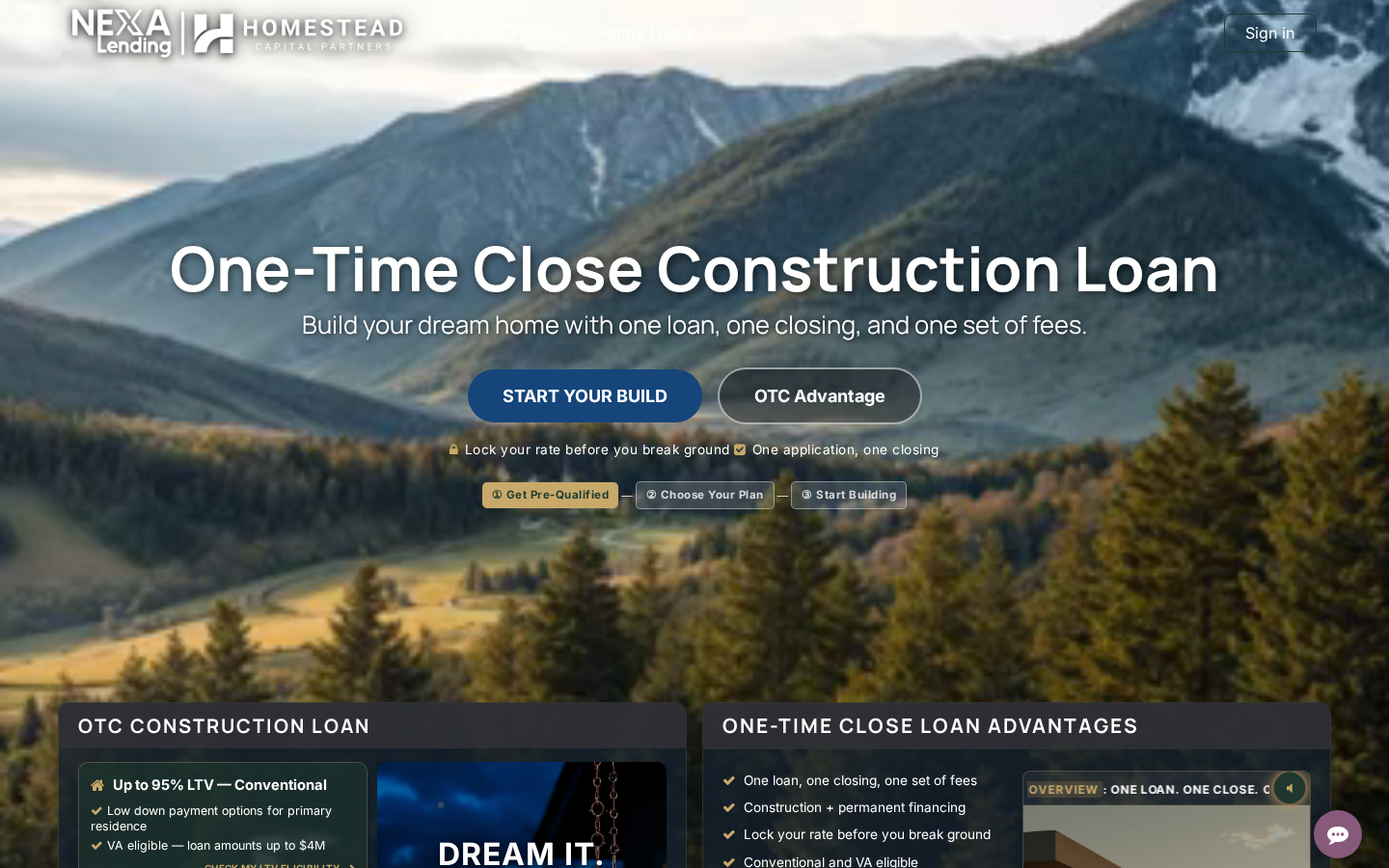 OTC Construction Loan hero section at page load — vertical 9:16 parallax video background, headline + CTAs overlaid, no modal or popup