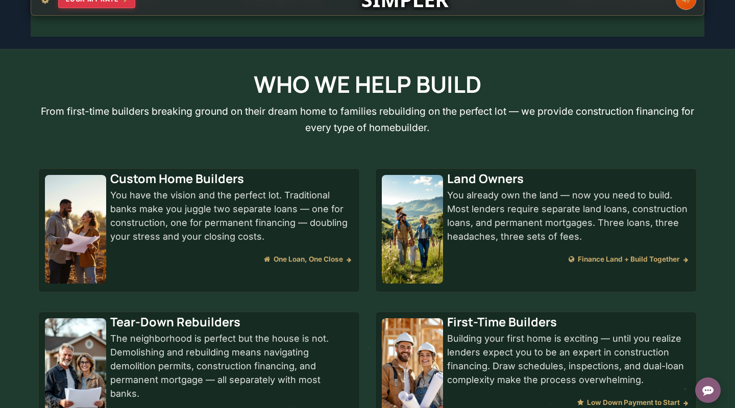 The six audience tiles — Custom Home Builders, Land Owners, Tear-Down Rebuilders, First-Time Builders, Rural & Acreage Builders, ADU & Addition Builders